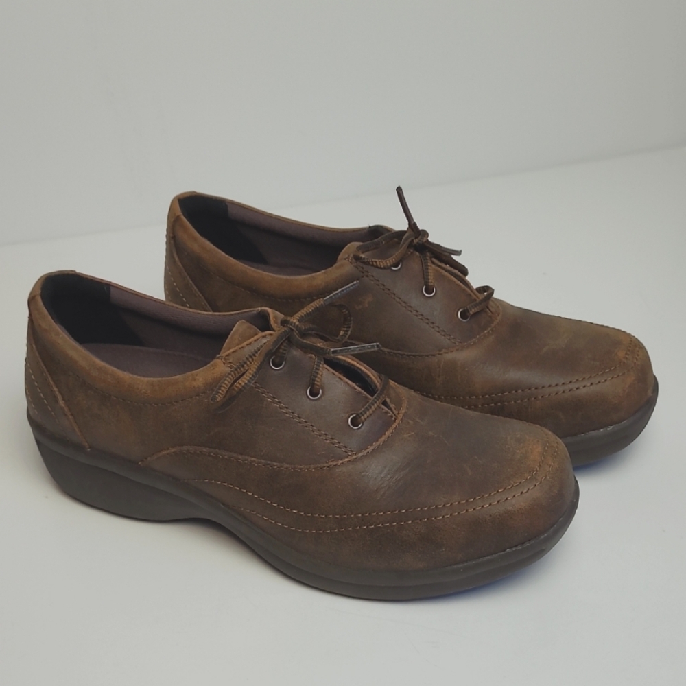 WORX WOMENS OXFORD STEEL TOE SLIP RESISTANT BROWN LEATHER SHOES 9 WIDE